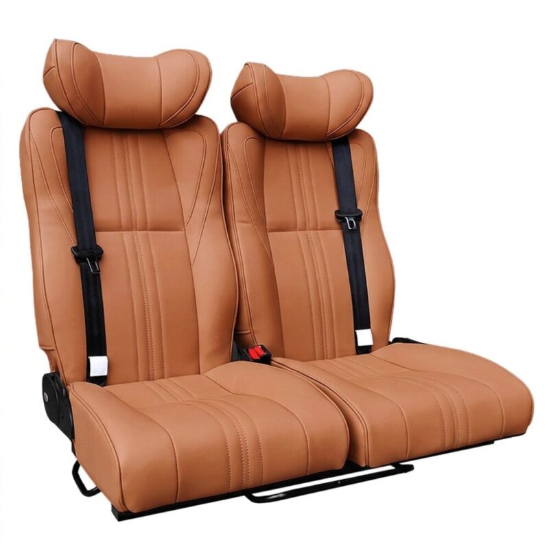 Luxury leather double recliner camper van seat bed in brown front view