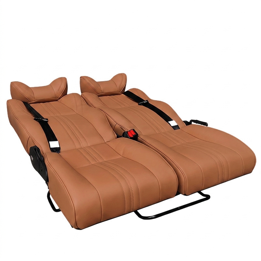 Double recliner camper van seat fully reclined into a flat sleeping bed