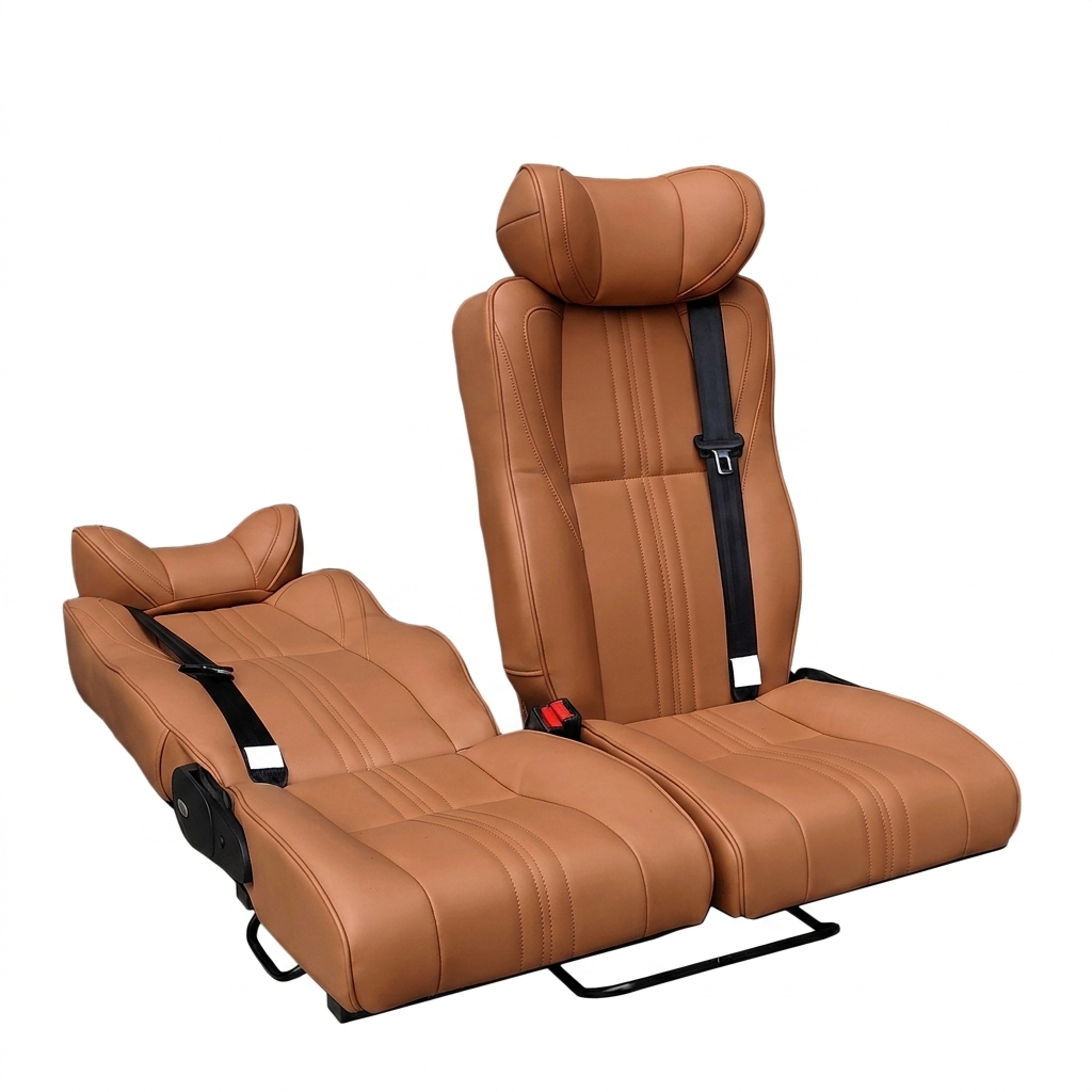 Adjustable two passenger recliner seat bed mechanism for camper vans
