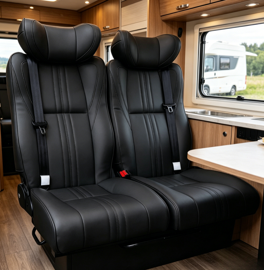 Black luxury leather double recliner seat bed for motorhome and camper van