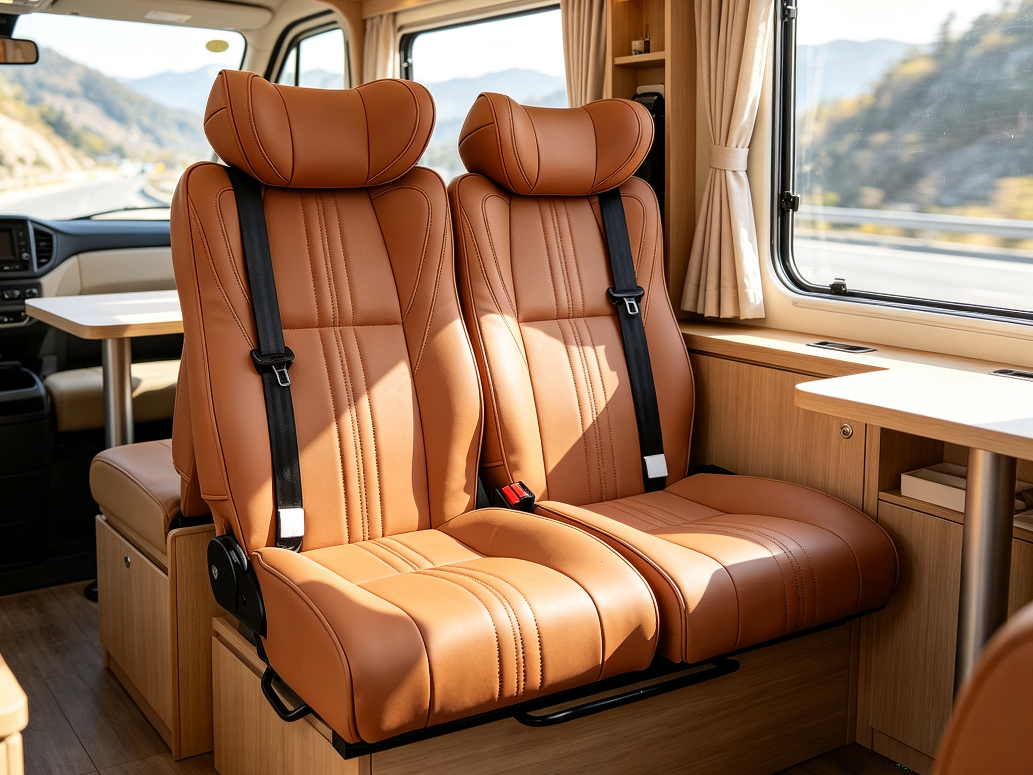 Luxury leather recliner double bench seat installed inside camper van interior