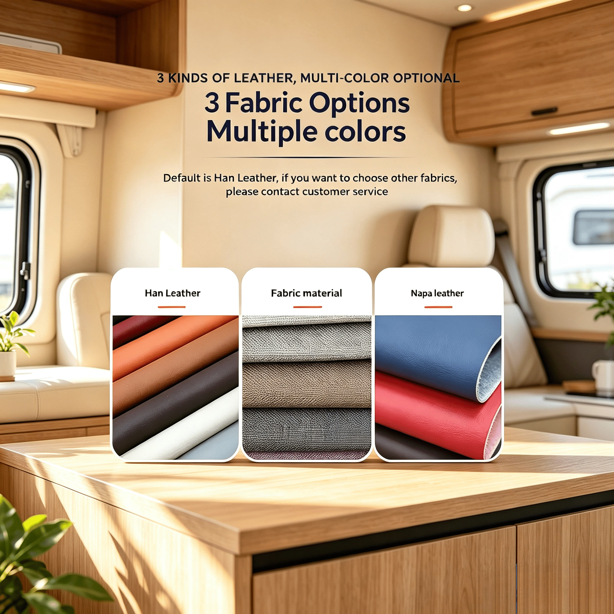 Custom motorhome interior layout with comfortable leather double seat bed