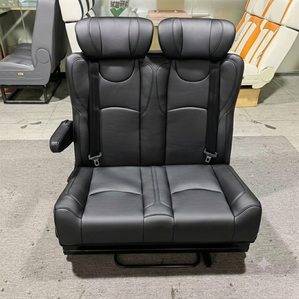 Black 2-seater reclining camper van bench seat with integrated seat belts