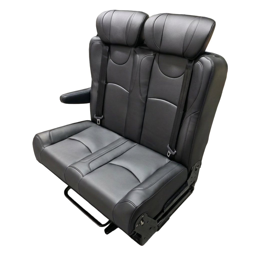 Double camper van seat bed with folding armrests and white background
