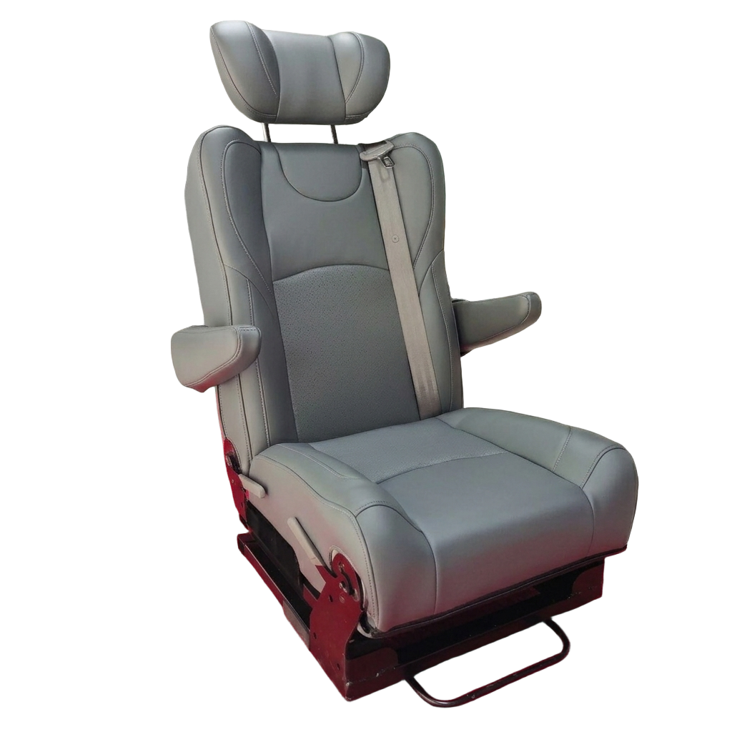 Single passenger reclining van seat with adjustable armrests
