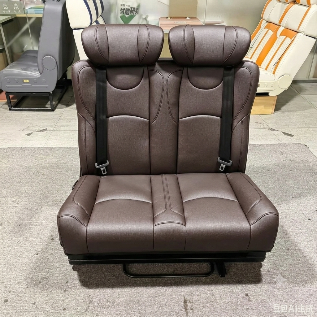Brown leather 2-passenger RV reclining seat bed front view