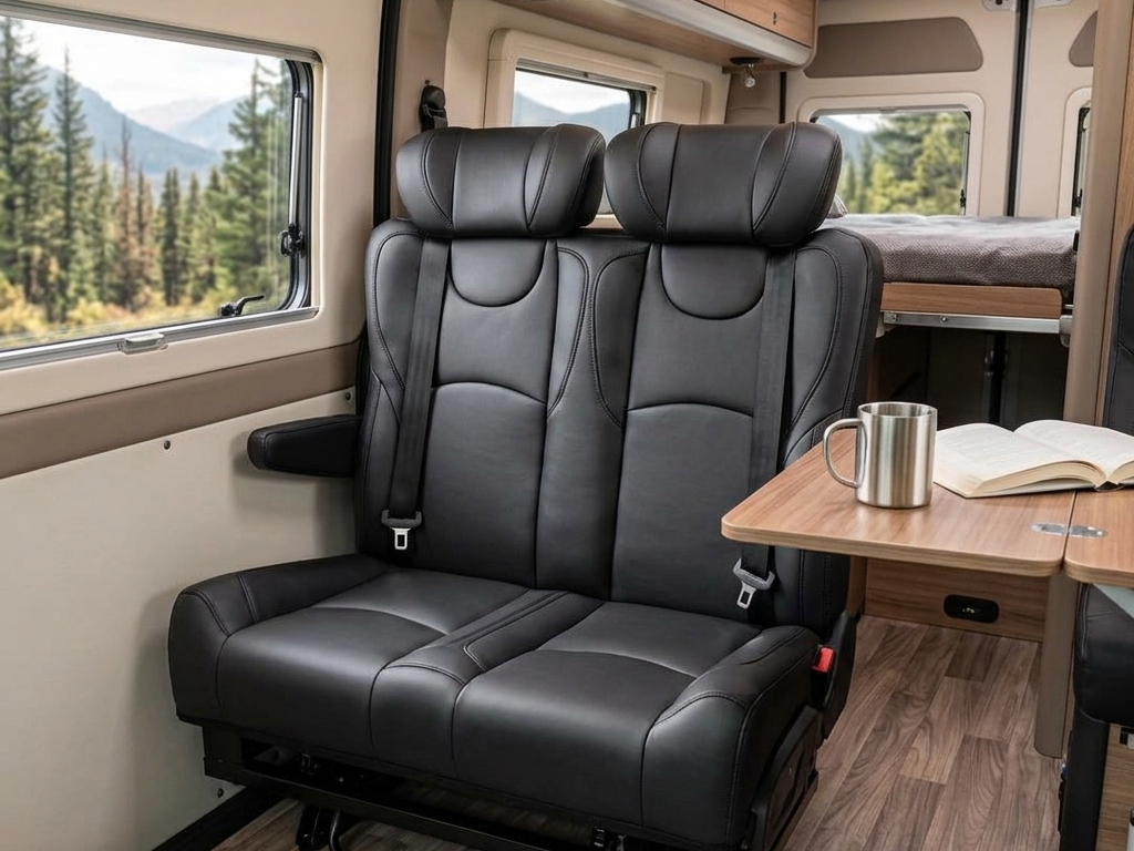 2-passenger black leather camper van seat bed installed in RV interior with table
