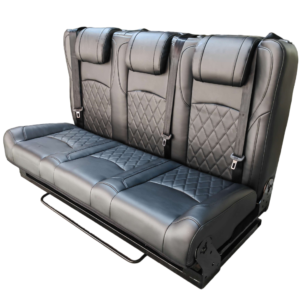 White background view of 3-passenger luxury leather van seat bed
