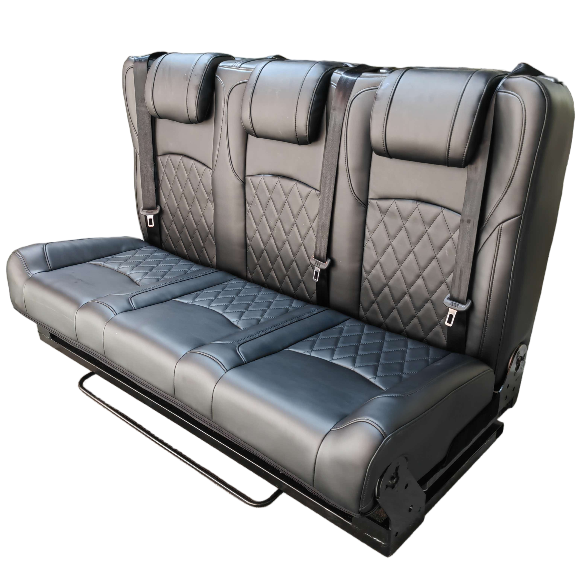 White background view of 3-passenger luxury leather van seat bed