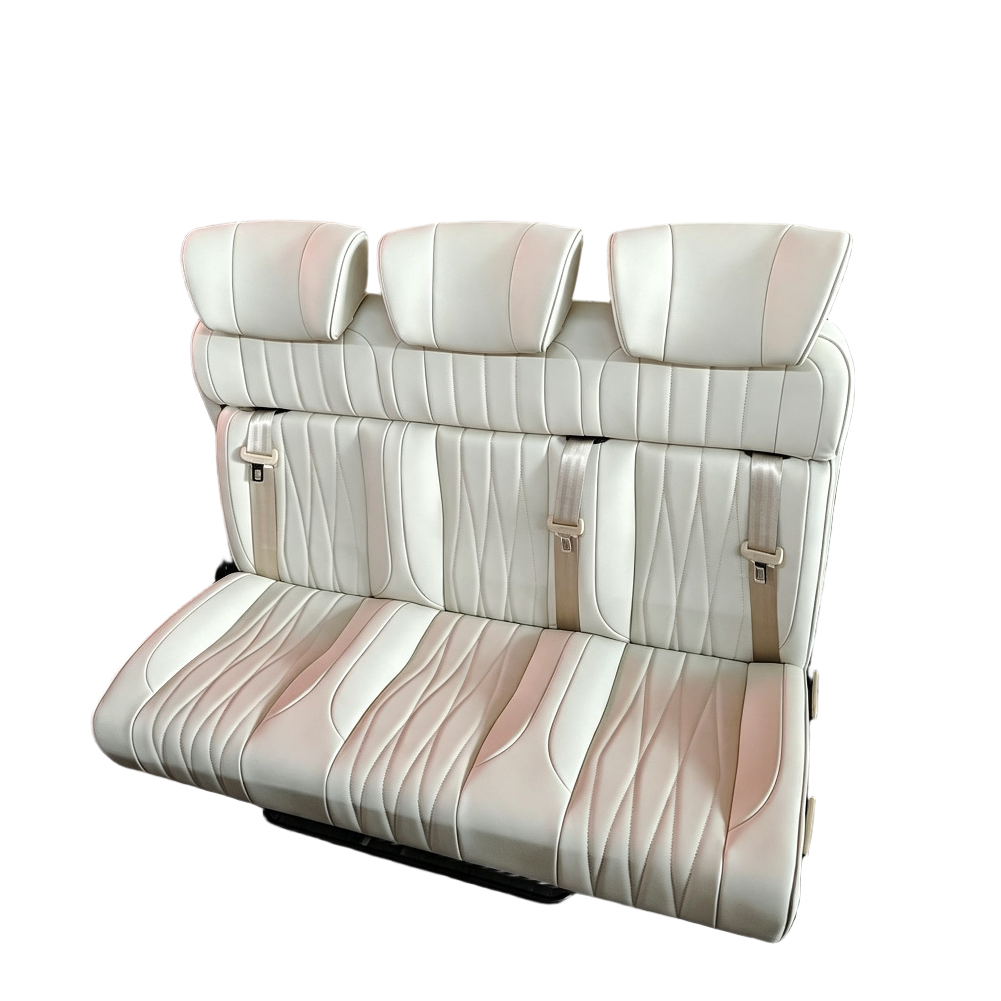 Off-white 3-passenger camper van seat bed on white background