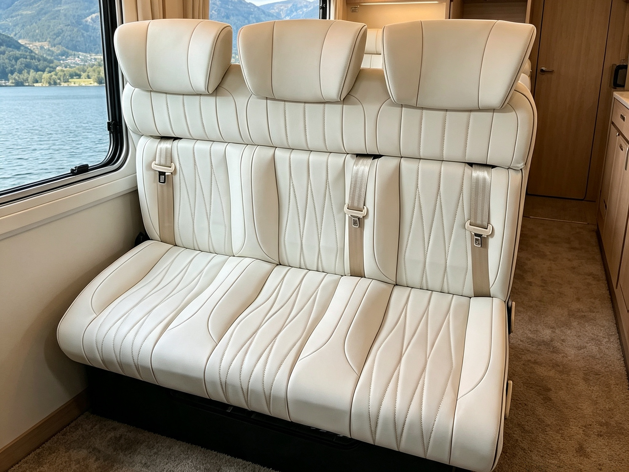 Luxury beige 3-passenger camper van seat bed installed inside a van interior