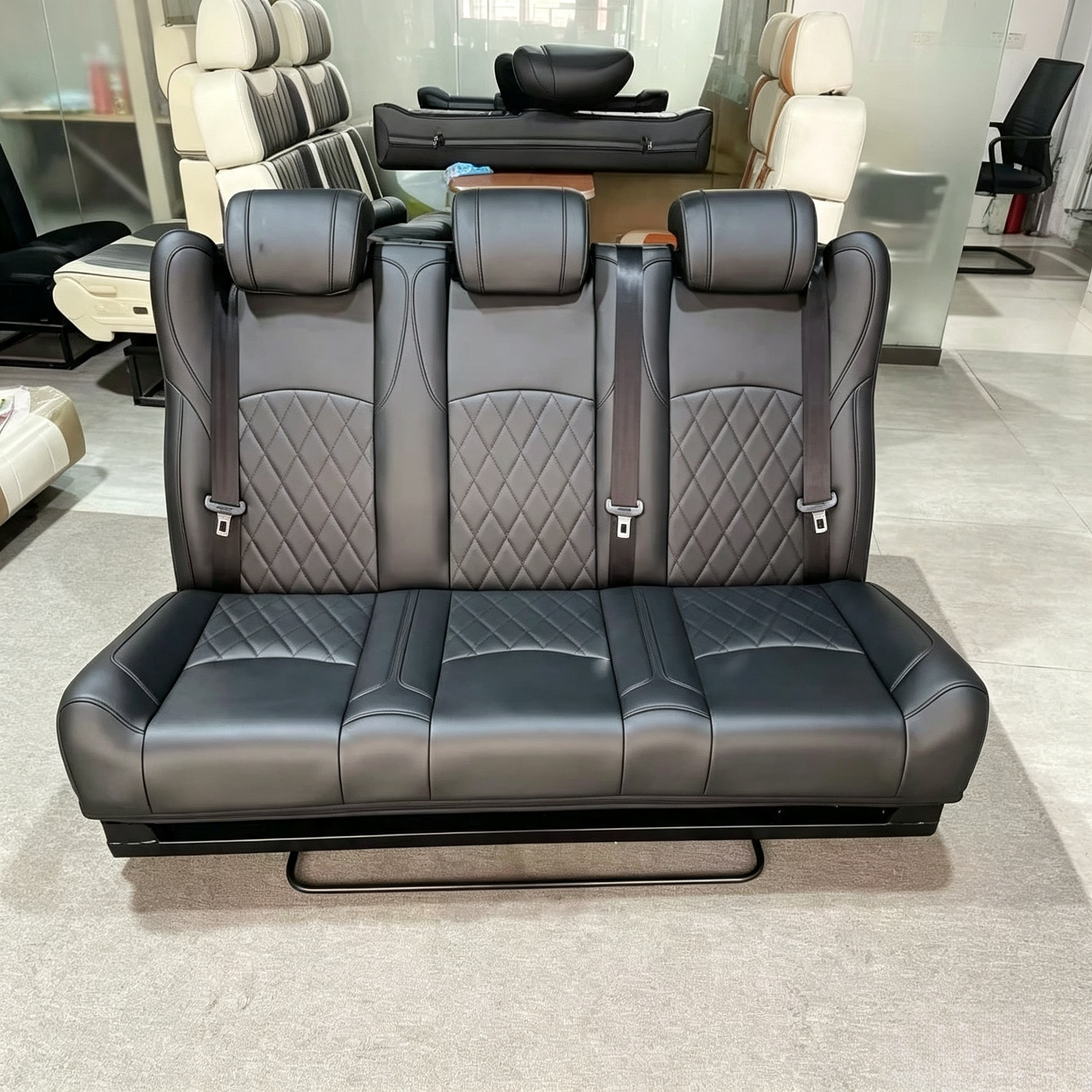 Black 3-seater luxury leather RV bench seat bed with diamond pattern stitching