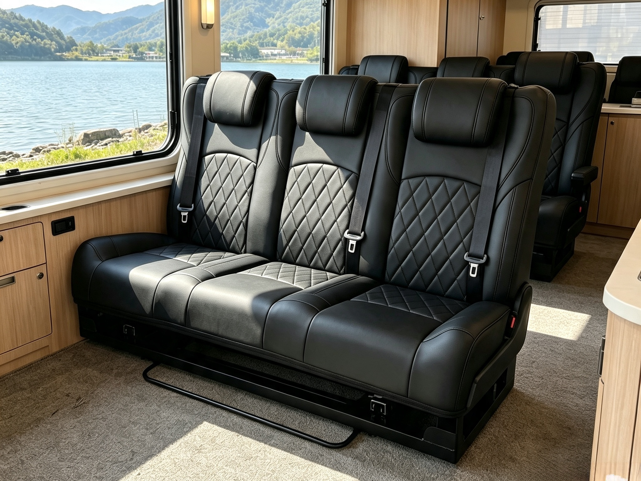 Black diamond stitched 3-passenger camper van seat bed inside luxury RV interior