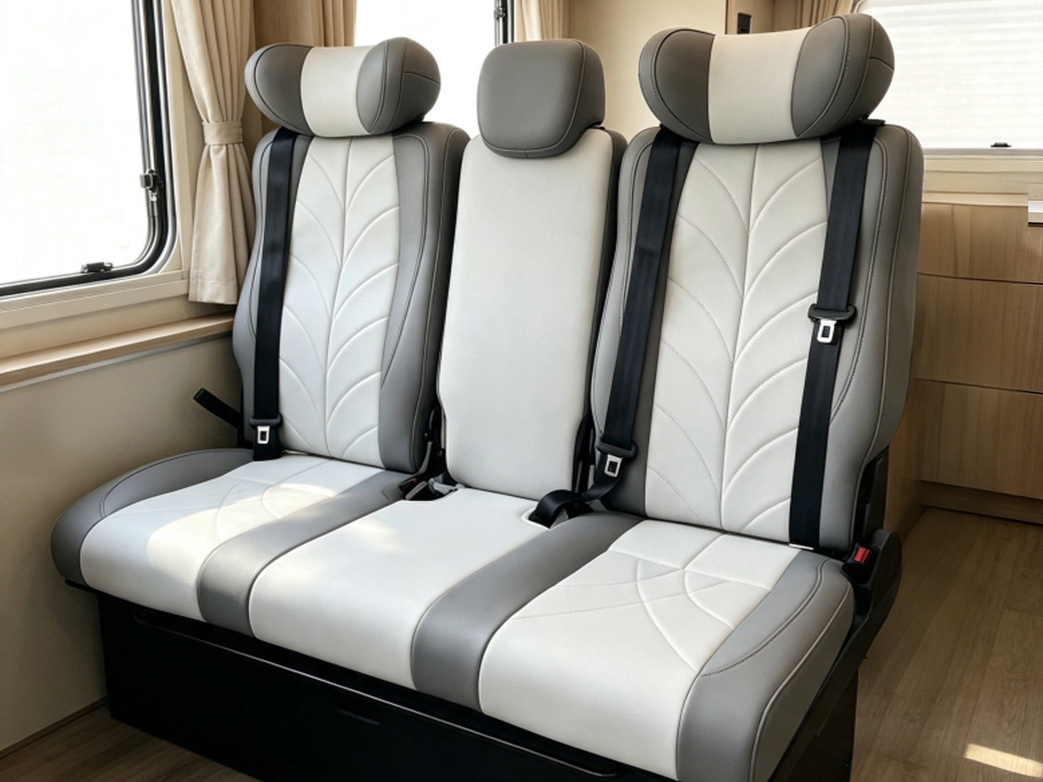 Two-tone gray and white 3-passenger camper van seat bed installed in RV interior