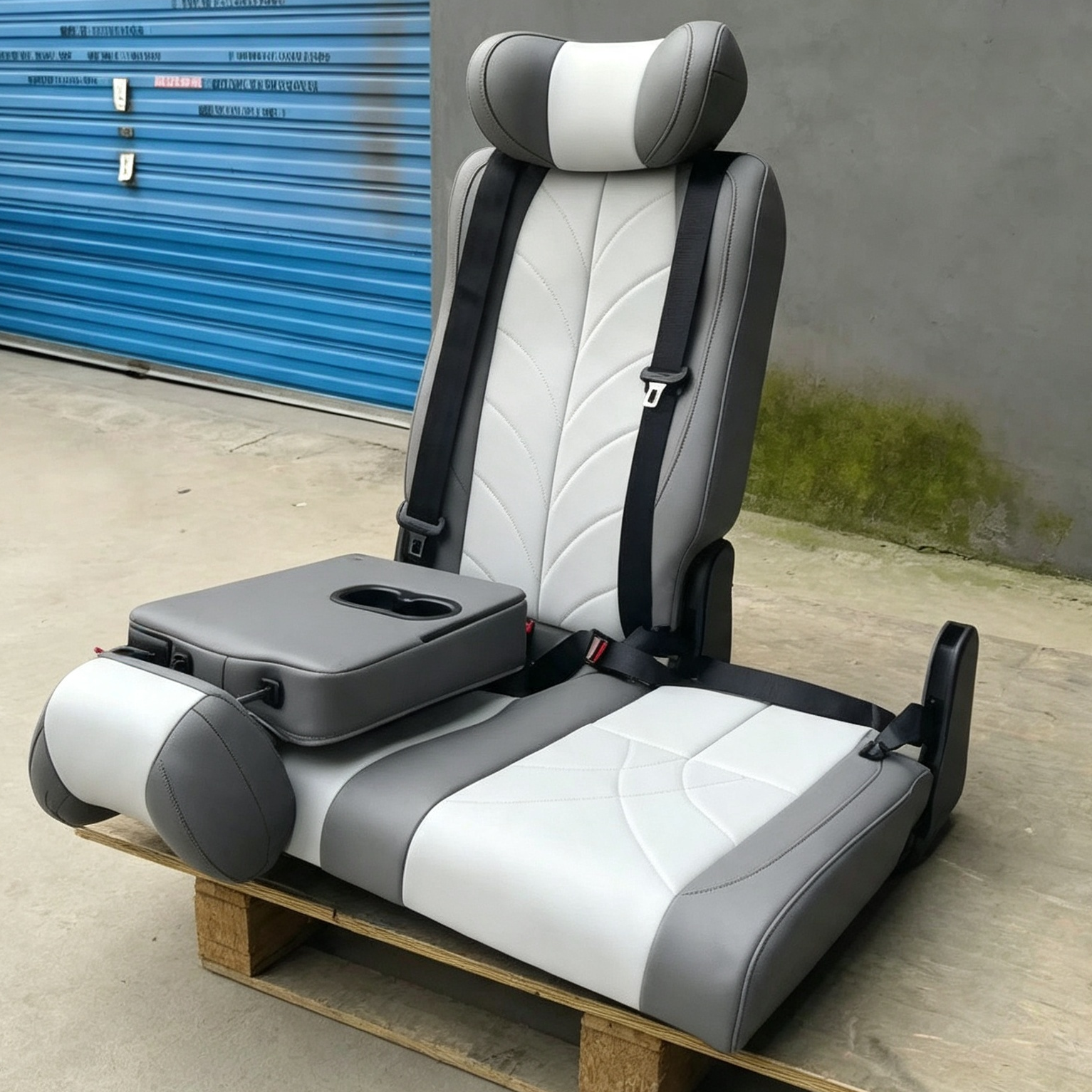 Camper van seat bed featuring fold-down center armrest with integrated cup holders