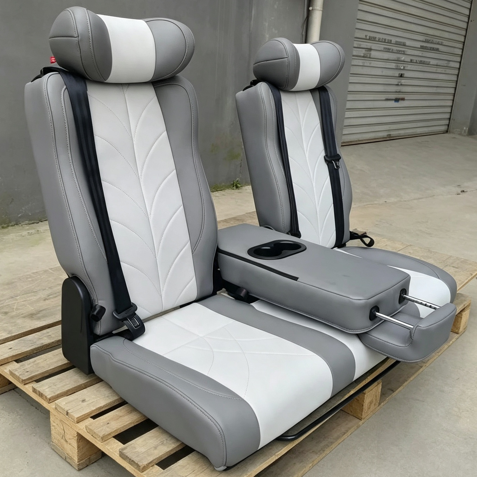 Reclining two-tone camper van seat bed with folded center cup holder armrest